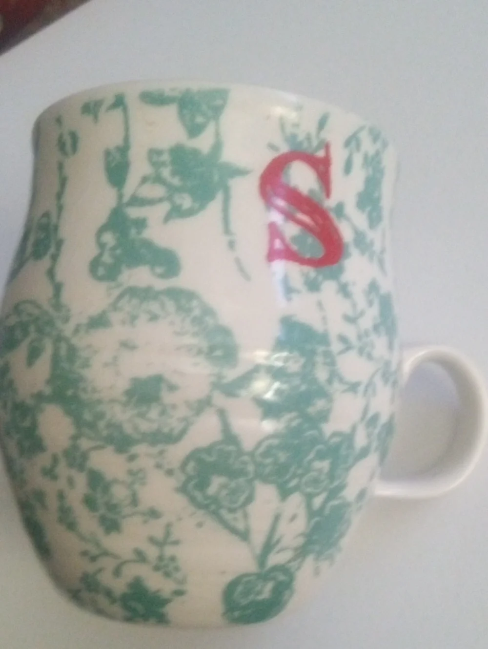 Antheopologie Letter M Floral Green And White Monogram Mug with Red Letter